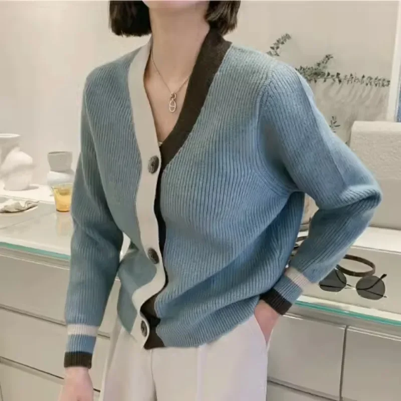 

Autumn New V-neck Knitted Cardigan Fashion Long Sleeve Patchwork Contrast Coat Casual Gentle Button Jacket Casaco Feminino 29853