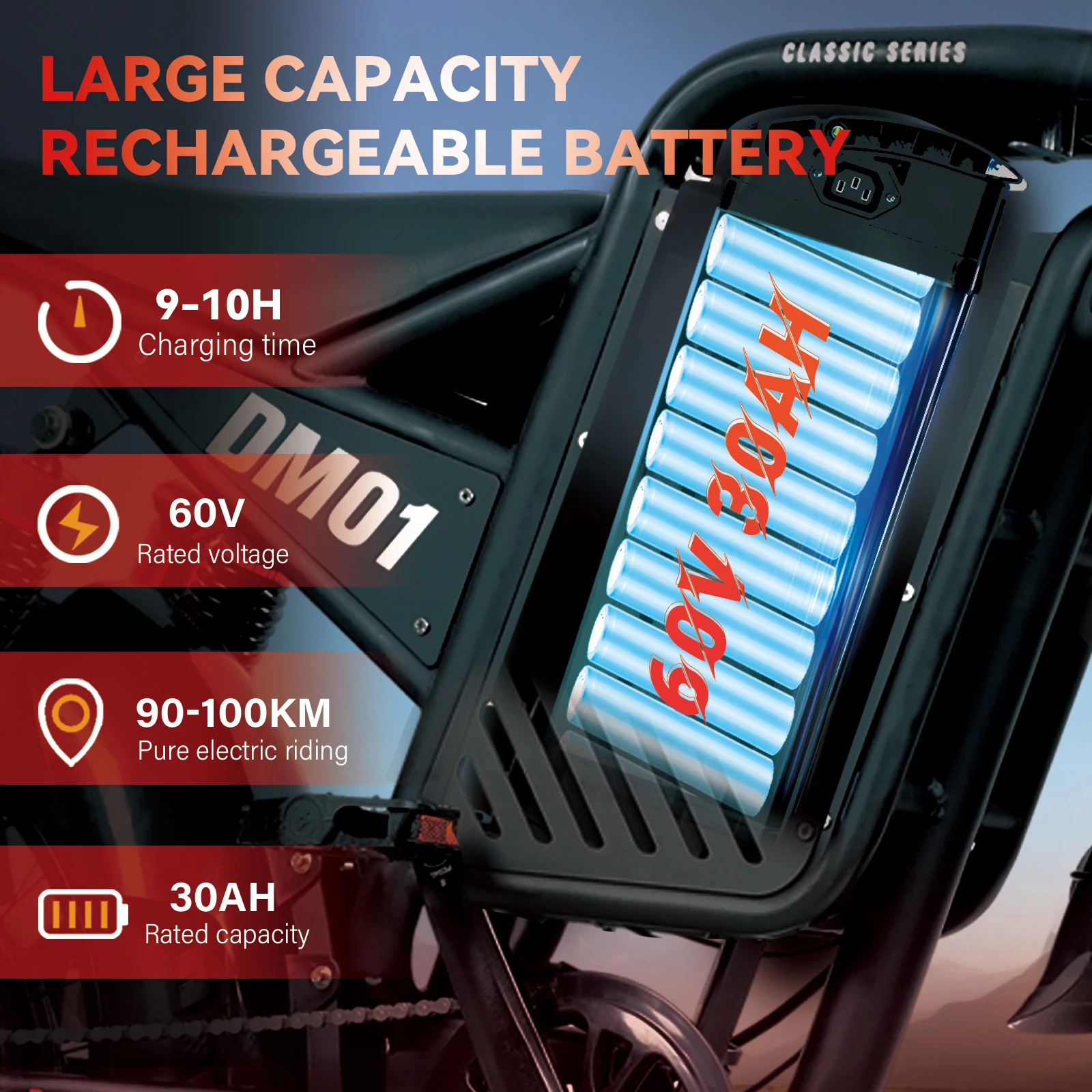 BAOLUJIE DM01 Motor Electric Bicycle 60V 30AH Battery Max Speed 42 MPH Electric Bike E-Bike Electric Motorcycle【1 Year Warranty】