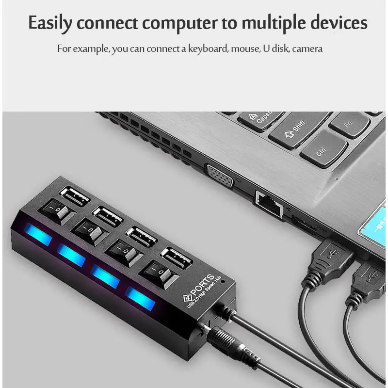 USB 2.0 허브 멀티 USB 분배기 허브 전원 어댑터 사용 4/7 포트 다중 확장기 USB 허브(스위치 포함) 30CM 케이블