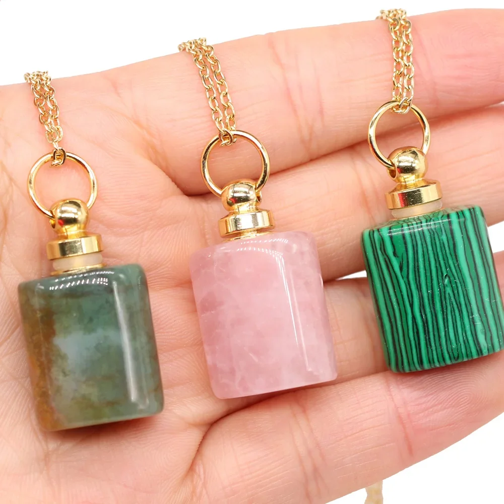 

5Pcs New Natural Stone Perfume Bottle Pendant Necklace Agate Malachite Pendant Necklace Essential Oil Diffuser Necklace