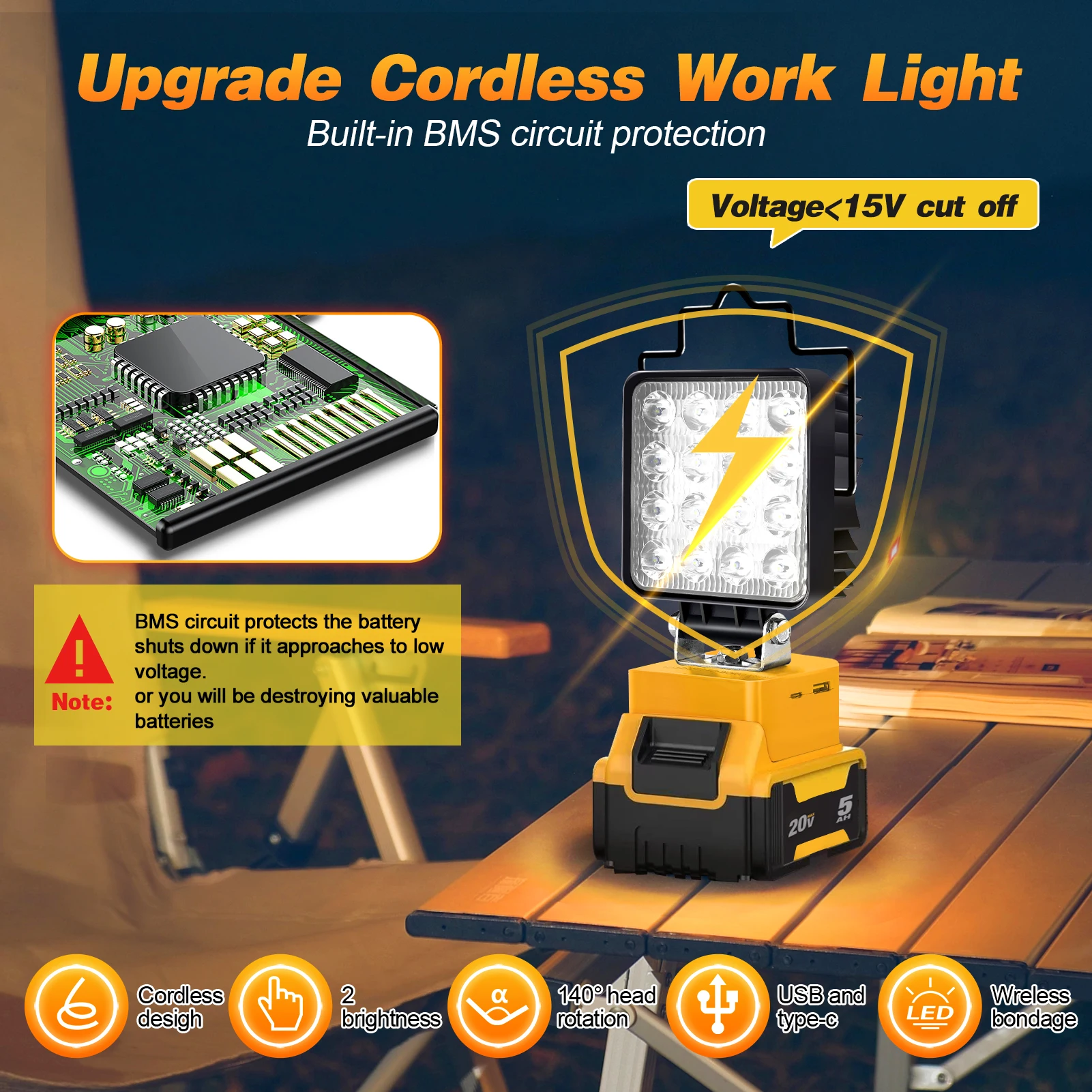 Portable 48W LED Work Light Cordless 360&deg; Adjustable Base Rechargeable for DeWalt No Battery