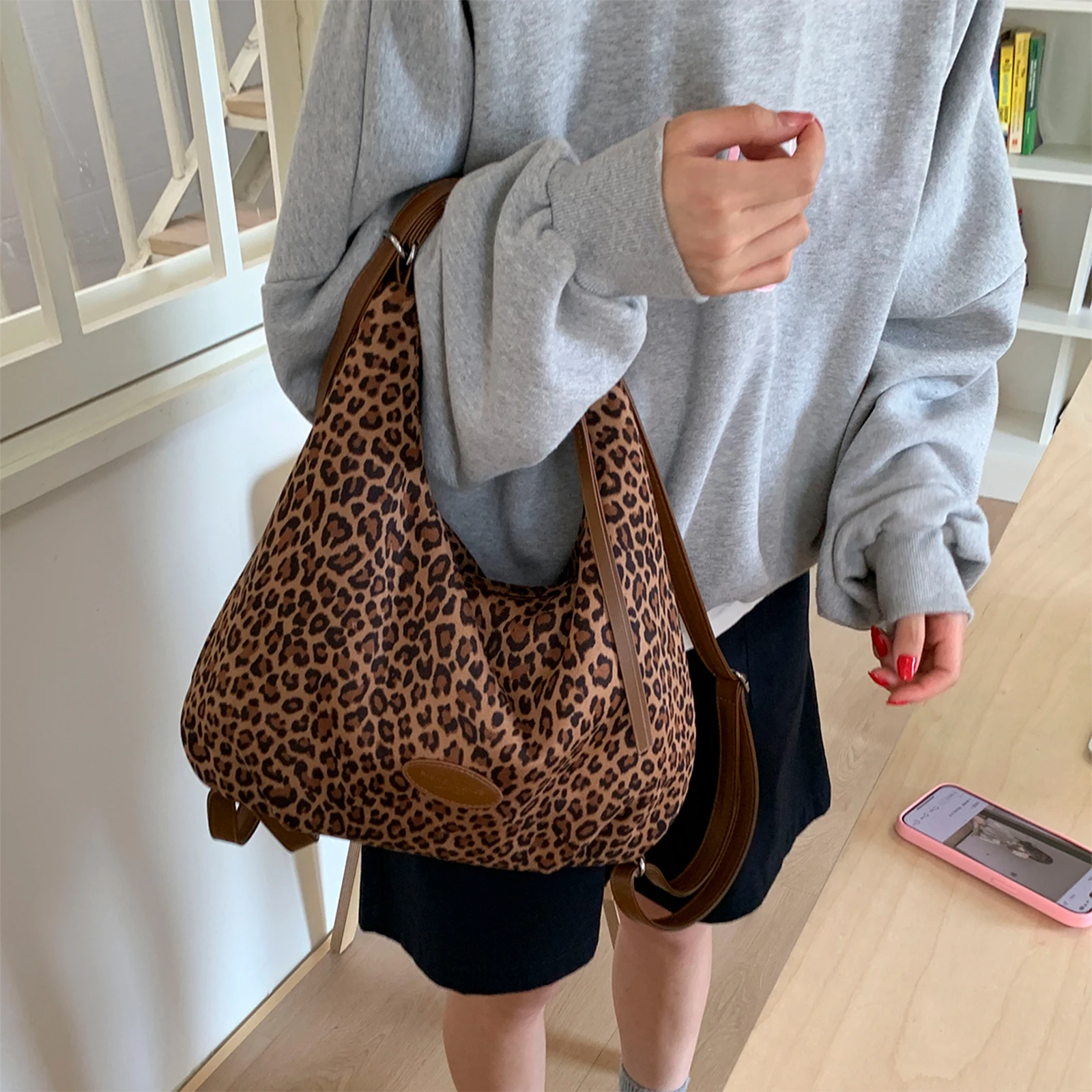 Faux Suede Shoulder Bag Adjustable Shoulder Strap Underarm Bag Leopard Print Top Handle Handbag for Women Travel Shopping Work