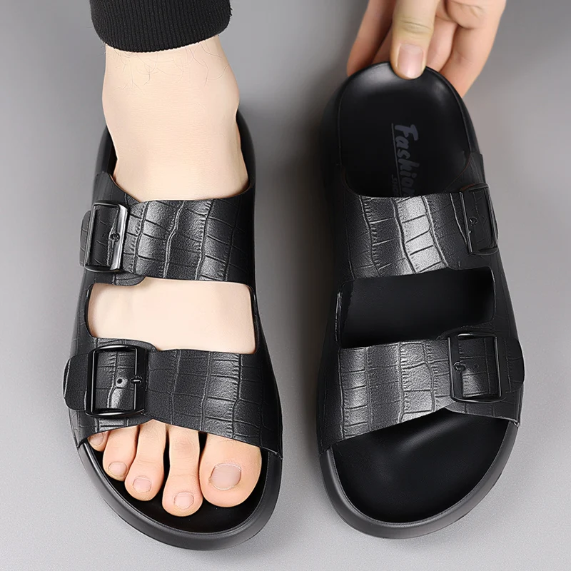 Summer Men Thick Bottom Slippers Leather High-quality Comfort Home Beach Vacation Slippers Casual Outdoor Breathable Beach Shoes