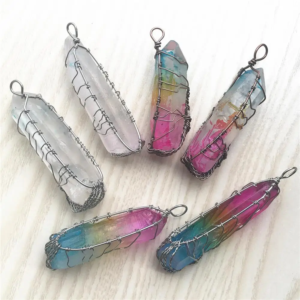 Natural Stone Clear Crystal Tree of Life Necklace Handmade Vintage Rainbow Antique Copper Wire Wrapped Pendant Necklace Jewelry