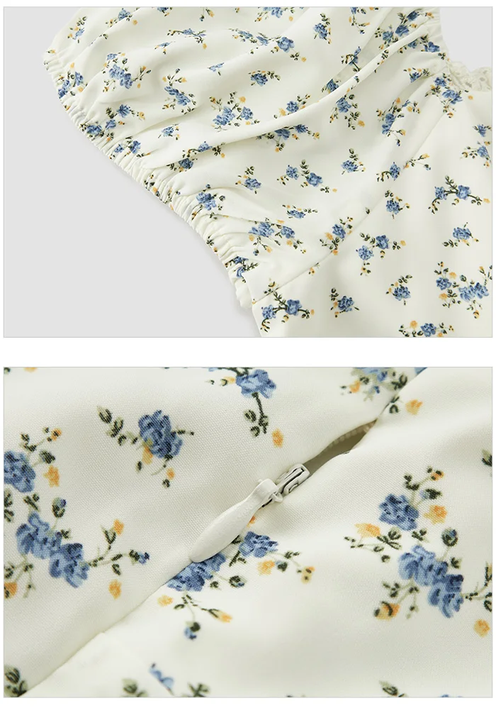 Dress Women Split Bubble Sleeve Medium Long Dress Summer New Square Neck Chiffon Floral Dress Romantic Elegant
