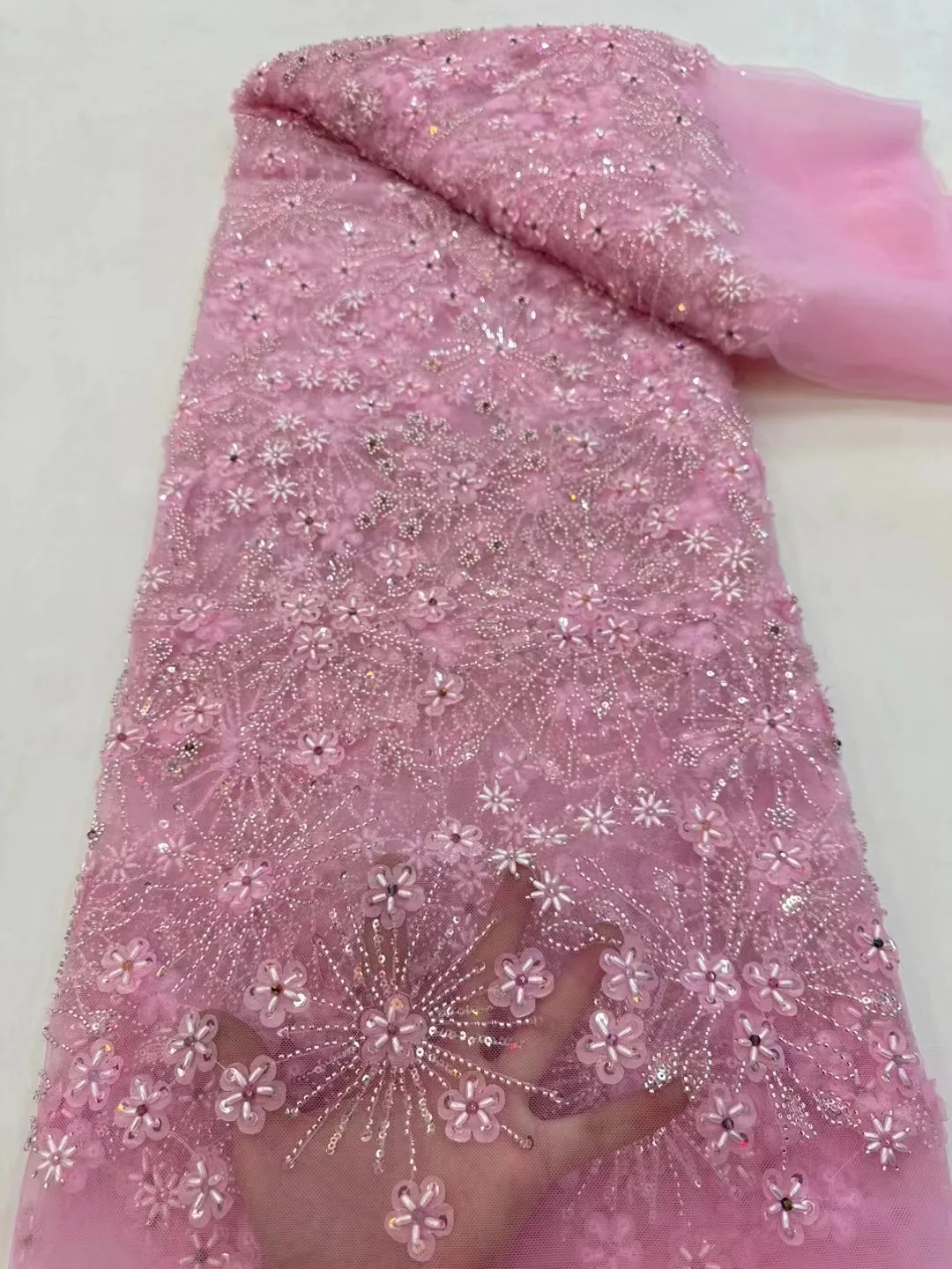 

2023 Pink High Quality Handmade Sequins Beaded Lace Fabric Embroidery Luxury French Sequence Lace Fabric Wedding Party Dress