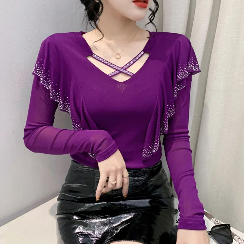 

2024 Spring New Mesh T-Shirt Gauze Fashion Round Neck Hollowed Out Hot Drill Long-Sleeved Tops Women's Blusas B31