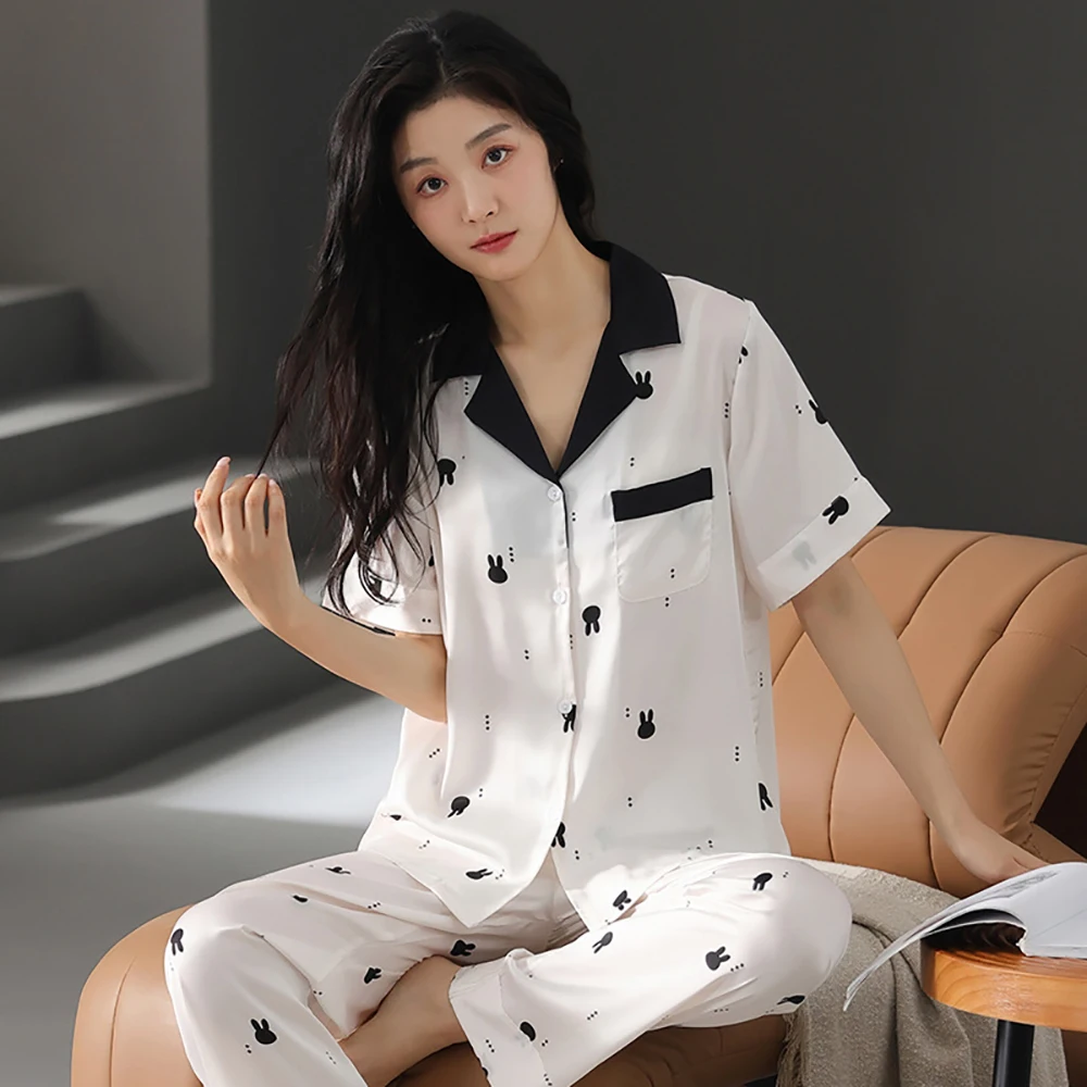 Summer Ice Silk Satin Thin Pijama Sleepwear High Quality Luxury Women's Pajamas Set Breathable Loose Women 2 Piece Pijama Mujer