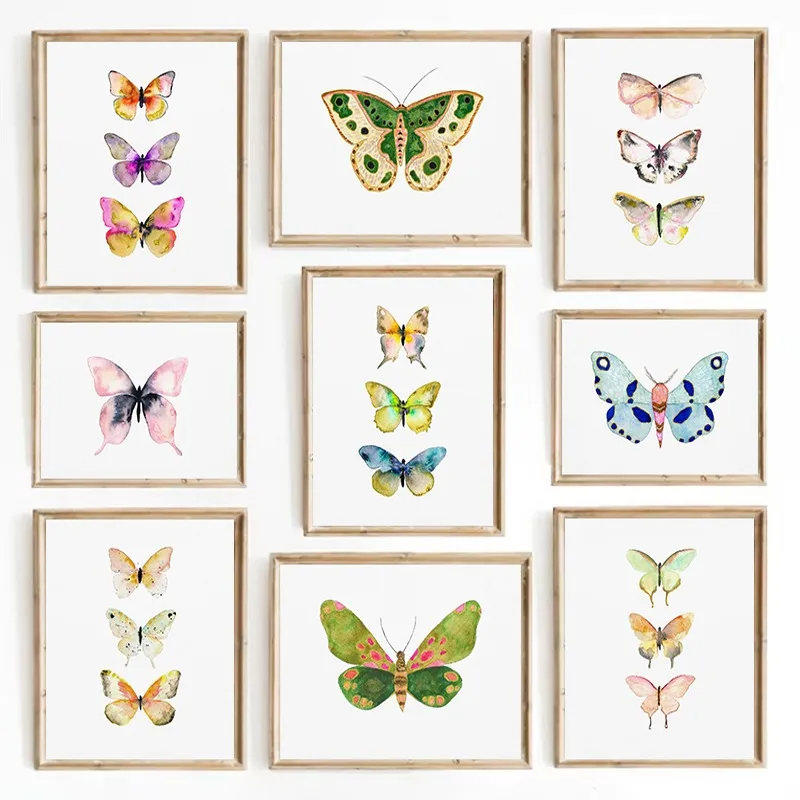 Watercolor Bug Butterflies Moths Poster Print Pastel Insect Canvas Painting Nature Wall Art Picture Nursery Kids Room Decor