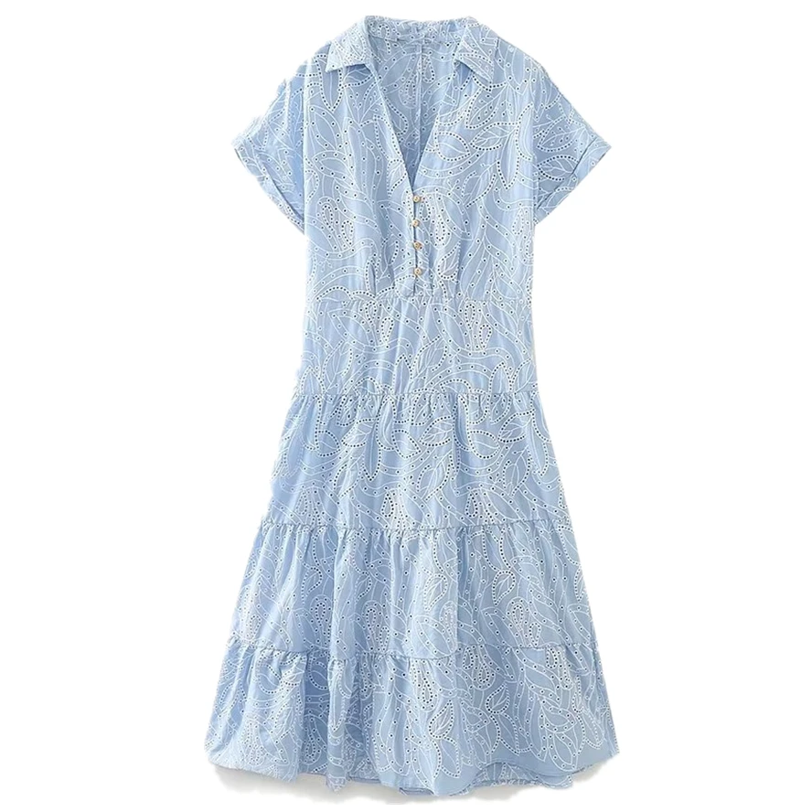 

Jenny&Dave New Fashion Ladies Retro Sky Blue Cotton Hollow Embroidery Dress Elegant Ladies Casual Short Sleeve Dress Women