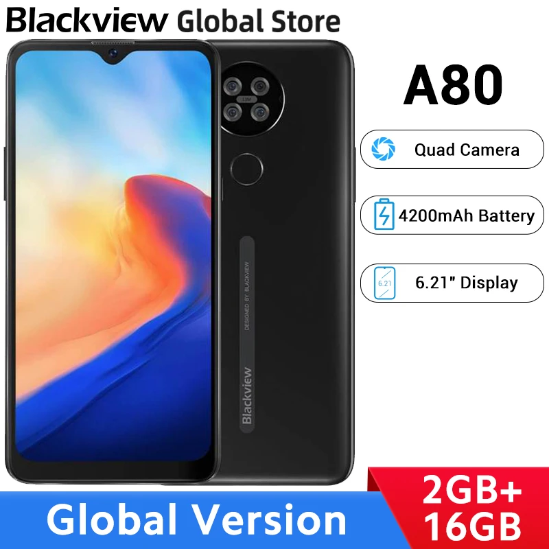 Global Version Blackview A80 2GB RAM 16GB ROM Smartphone Quad Camera 6.21" HD Display Mobile Phone 4200mAh Battery recommended cell phone for gaming