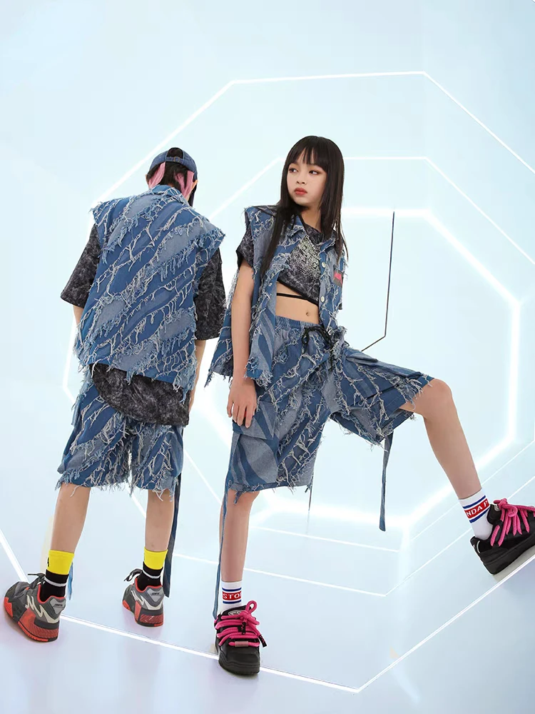 New Hip Hop Street Dance Clothes for Kids Blue Denim Vest Shorts T Shirt Boys Girls Jazz Performance Costume Teens Stage Outfits
