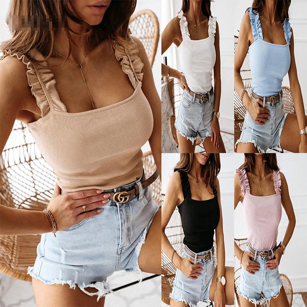 

Sexy Backless Low Cut Ruffle Ruched Tank Tops Summer Fashion Women's Knit Slim Camis Vests Ladies Solid Camisole