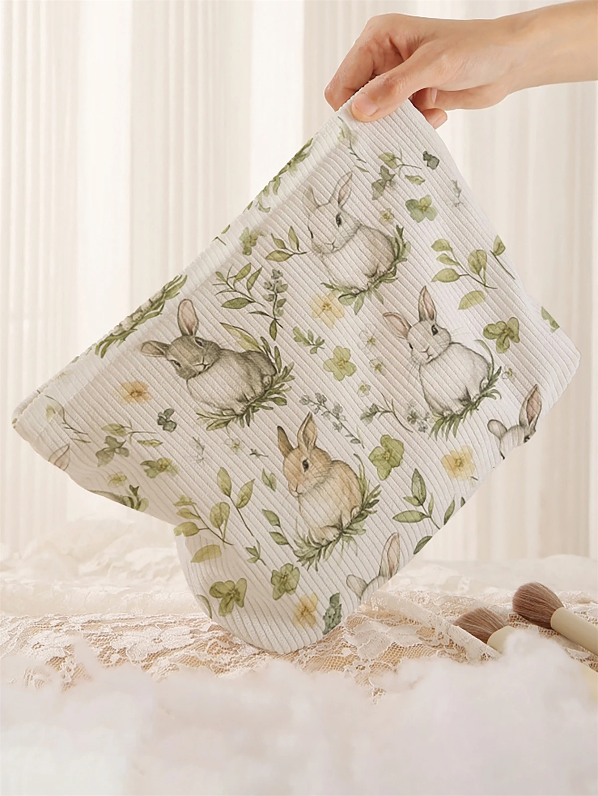 1 rabbit patterned corduroy makeup bag, lightweight zipper makeup storage box, multifunctional bag with lining