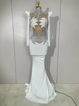 Luxury Sparkly Diamonds Pearl White See Through Mesh Long Dress Women Wedding Evening Party Stage Performance Photoshoot Dress 1