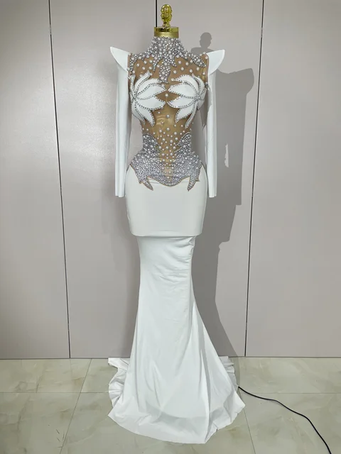 Luxury Sparkly Diamonds Pearl White See Through Mesh Long Dress Women Wedding Evening Party Stage Performance Photoshoot Dress 1