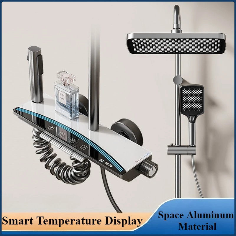 Bathroom Piano Key Smart Temperature Display Luxury Shower Set Wall Mounted 4 Ways Water Outlet Rainlfall Shower Faucet System 1