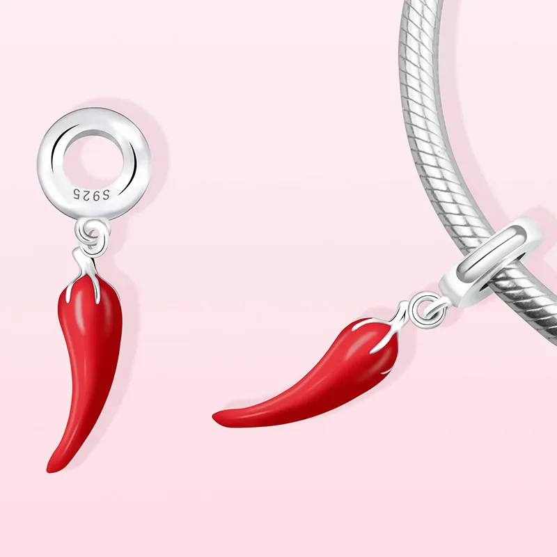 925 Sterling Silver Charm Beads Red Pepper Bracelet Necklace Handmade DIY Accessories Jewelry HY706 silver necklace charms