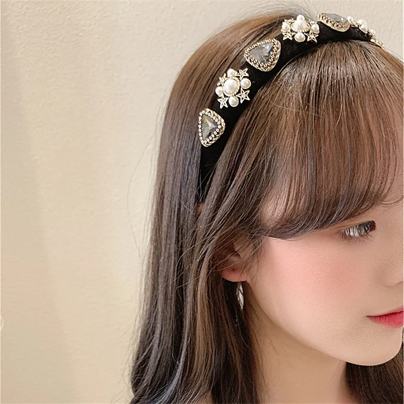 Korean Retro French Velvet Colorful Crystal Headband for Women Vintage Party Autumn Winter Hair Accessories