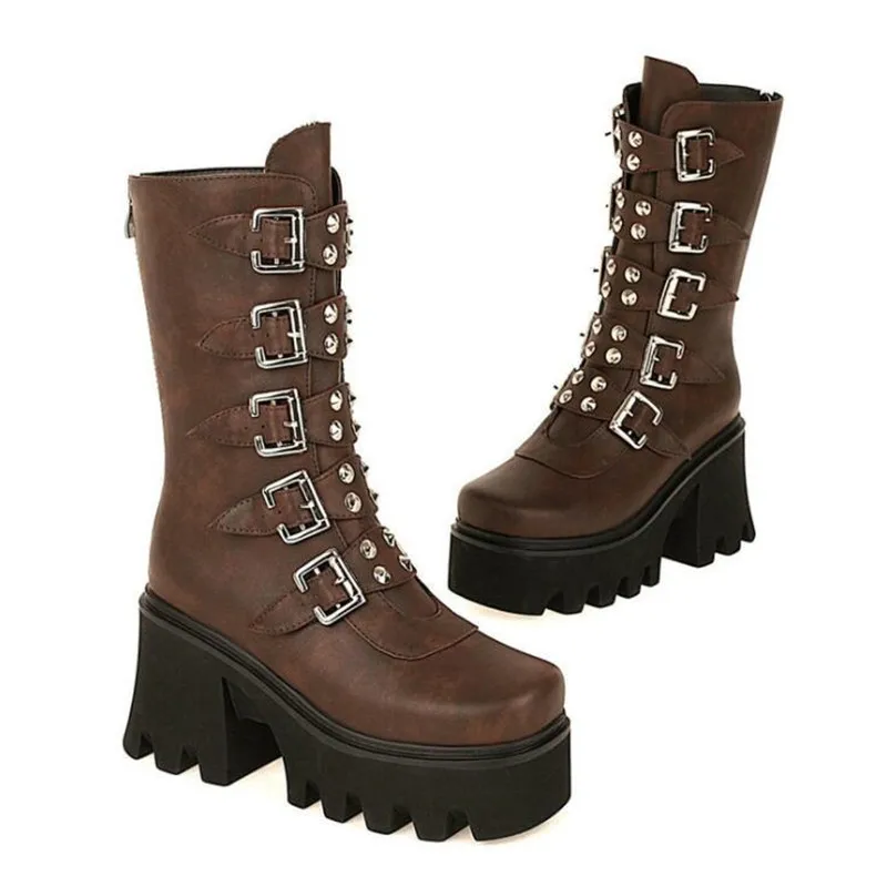 New Winter Gothic Punk Women's Platform Boots Black Buckle with Zipper Crawling Wedges Mid Calf Military Combat Boots Women 43
