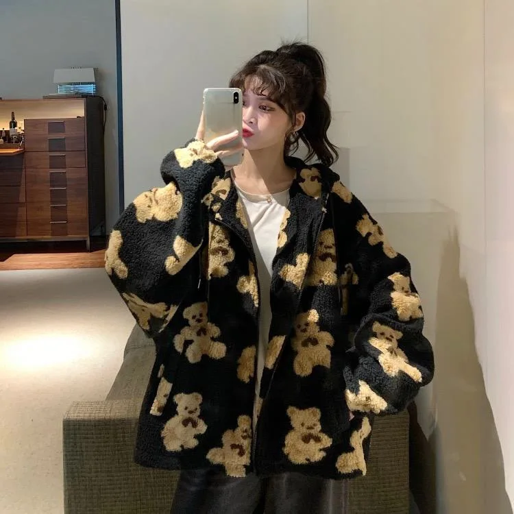 Harajuku Bear Teddy Print Plush Jacket Women Winter 2024 Female Korean Fluffy Hooded Coat Thick Warm Couple Streetwear Outerwear