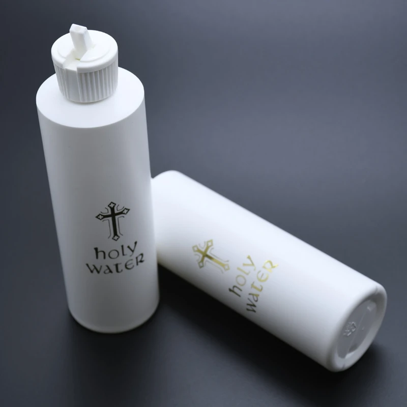 White Catholic Christian Holy Water Bottle with Flip Spout Lid Gold for Cross for Easter Party Favor Church Supplies 250 B03E