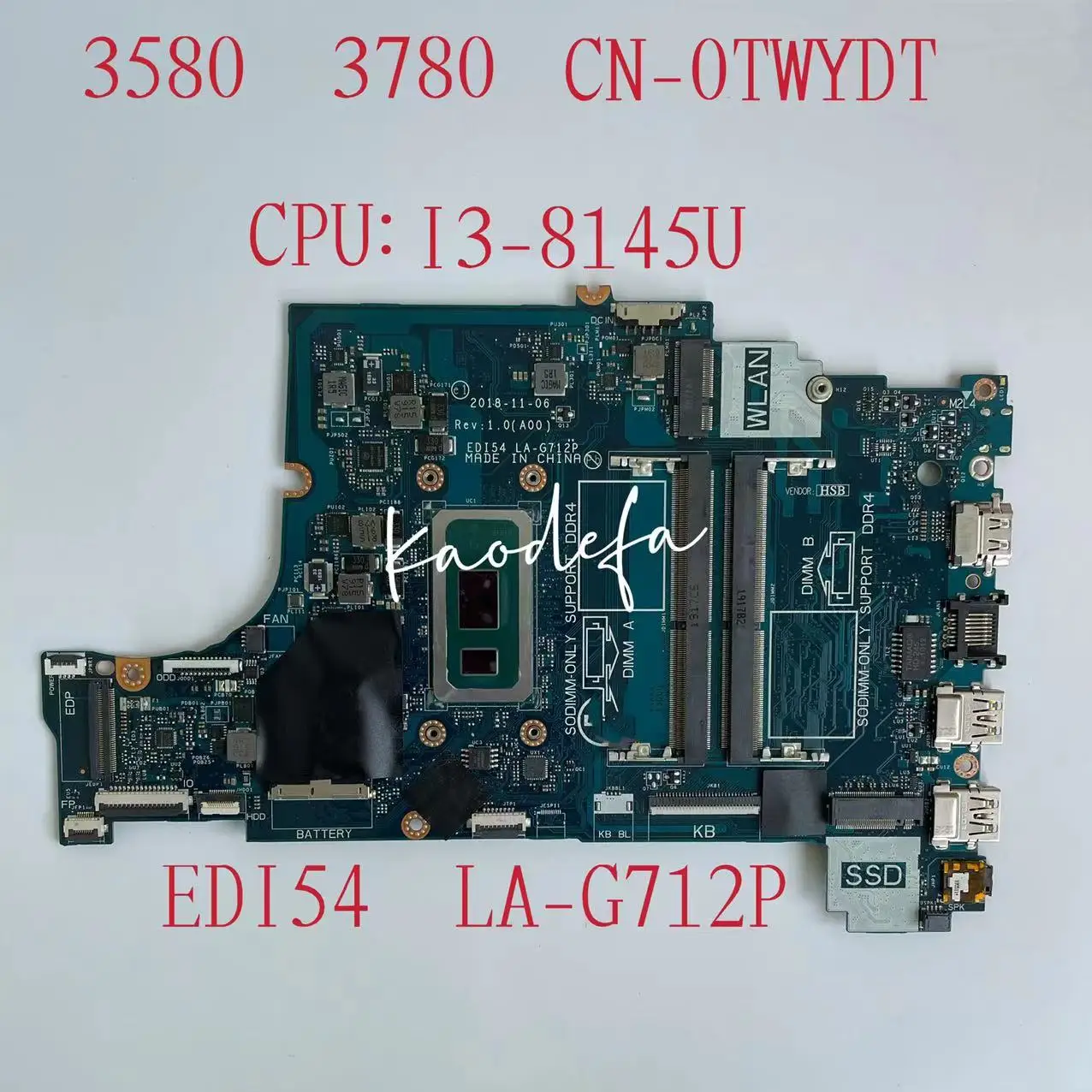 

Системная плата EDI54 для ноутбука Vostro 3580 3780, материнская плата с ЦП LA-G712P UMA DDR4 I3-8145U 0TWYDT 100% Test OK