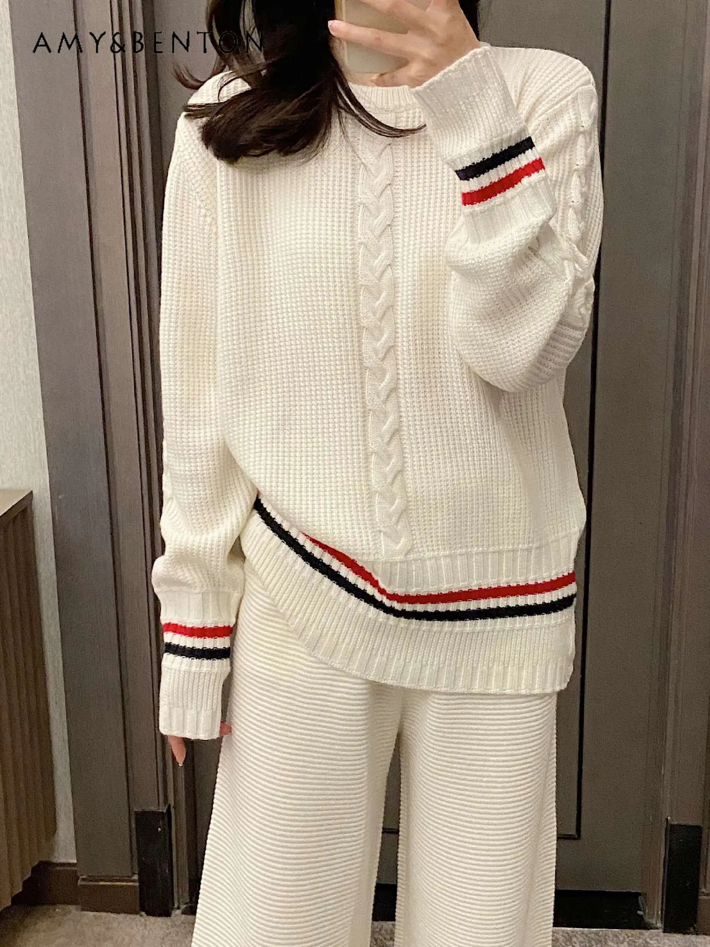 

Preppy Style Cable-Knit Sweater Women's Early Spring All-Matching Round Neck Loose Pullover Idle Style Outer Wear Wool Knitwear