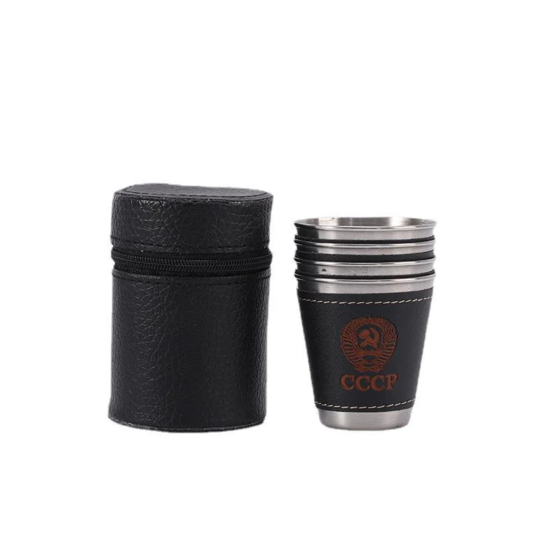 

4pcs Outdoor Camping Tableware Travel Cups Set Picnic Supplies Stainless Steel Wine Beer Cup Whiskey Mugs PU Leather