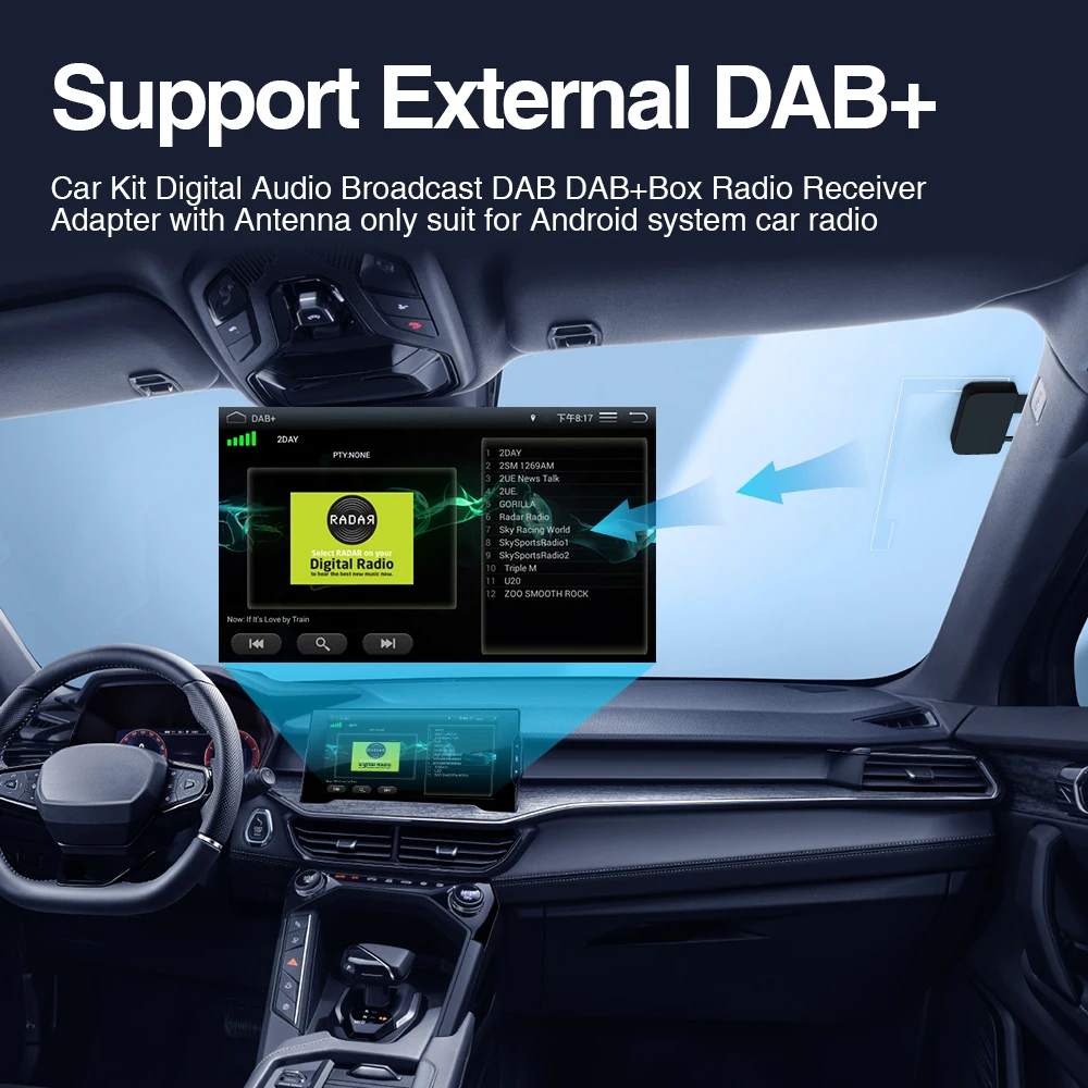 Podofo DAB/DAB dongle USB-adapter met autoraamantenne, universeel voor Android-autoradio's, met DAB-app, digitale radiosignalen