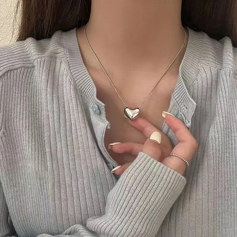 Pendant Necklace Simple Trendy Silver Love Heart for Women Korean Fashion Snake Bone Chain Clavicle Chokers Party Jewelry