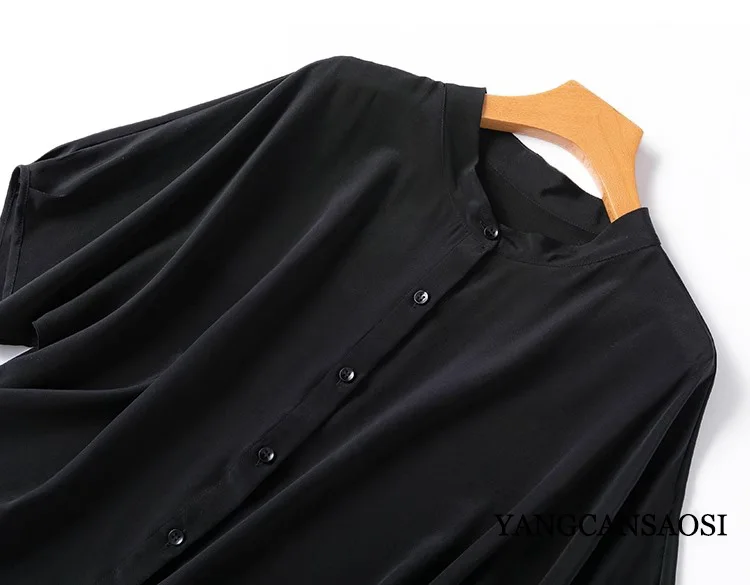 2024 Women's Summer New Classic Black 100% Natural Mulberry Silk Crepe De Chine Stand Collar Raglan Batwing Sleeves Casual Shirt