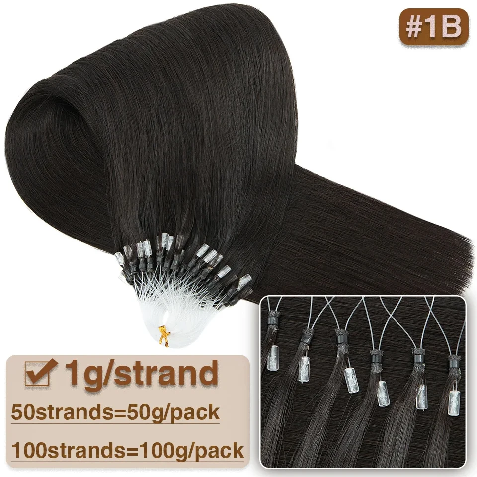 Straight Micro Loop Hair Extensions #1B Natural Black Real Hair Extensions 16-26 Inch Micro Ring 1g/1strand 50G
