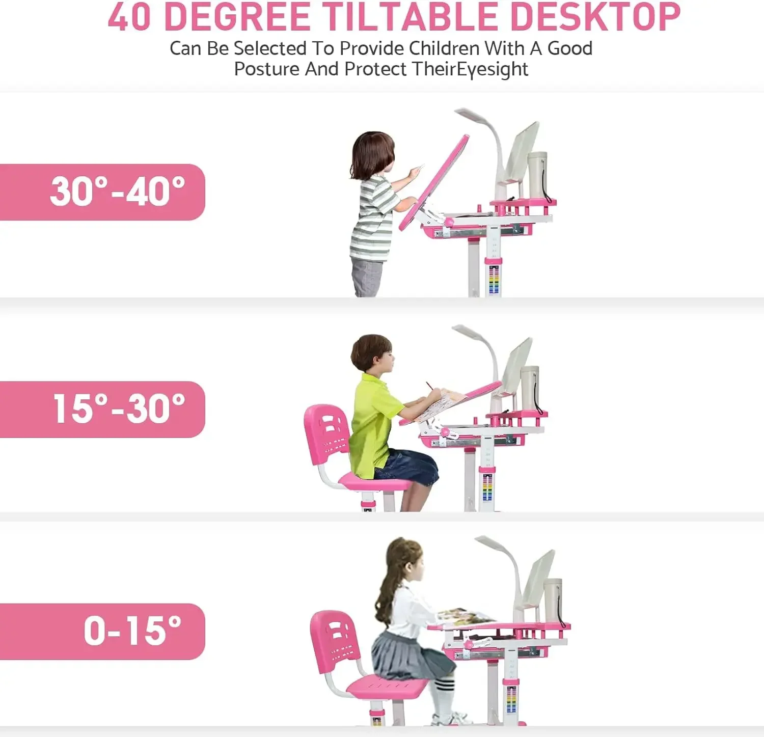 Kids Desk and Chair Set Multi Functional Kids Study Desk for Kids School Desk with Tiltable Desktop, 3 Modes Light, Bi 5