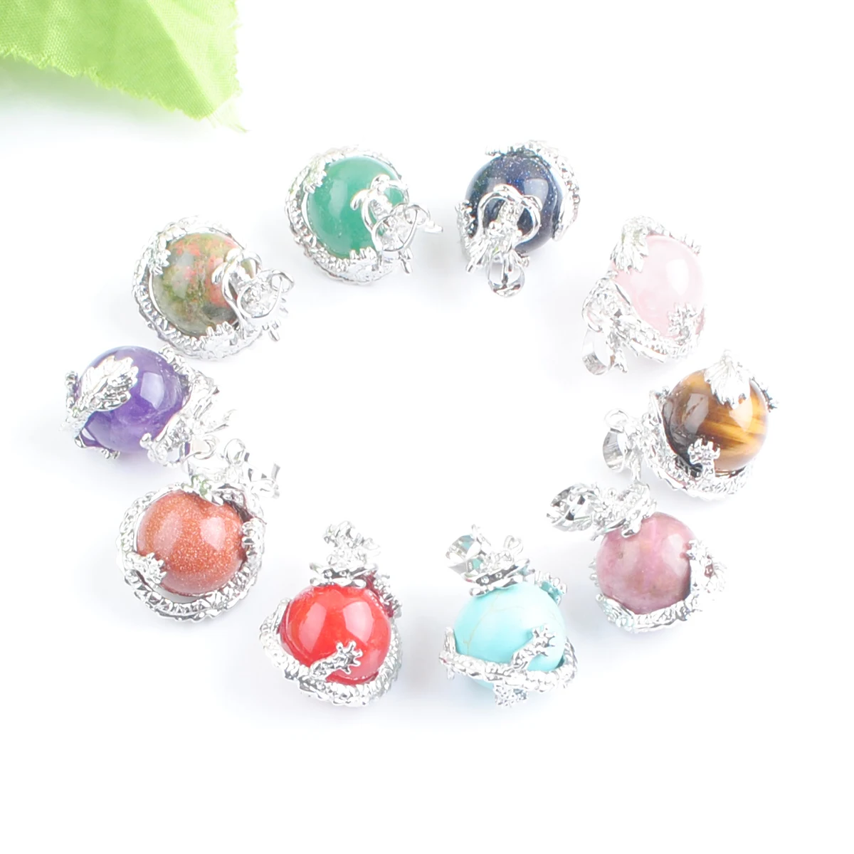 

Mixed 10Pcs Natural Stone Round Ball Bead Pendants Dragon Wrap Reiki Chakra Healing Amulet Women Man Jewelry ABN311