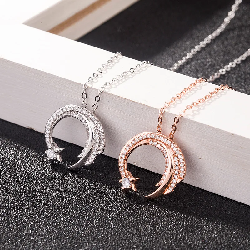 Moon Star Meteor Garden Slip Falling Meteor Micro-Inlaid Necklace For Women for pendant necklace,silver necklace,silver pendant,silver necklace charms