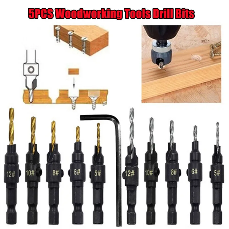 5PCS Conical Drill Bit Countersink Drill Woodworking Drilling Pilot Holes HSS Universal Counterbore Cutter Screw Hole Drill