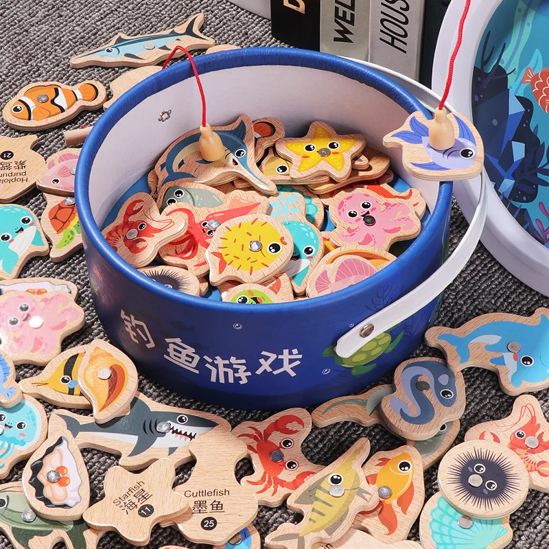 

Montessori Parent-Child Interactive Education Wooden Magnetic Fishing Toys for Baby Cartoon Marine Life Cognition Fish Games