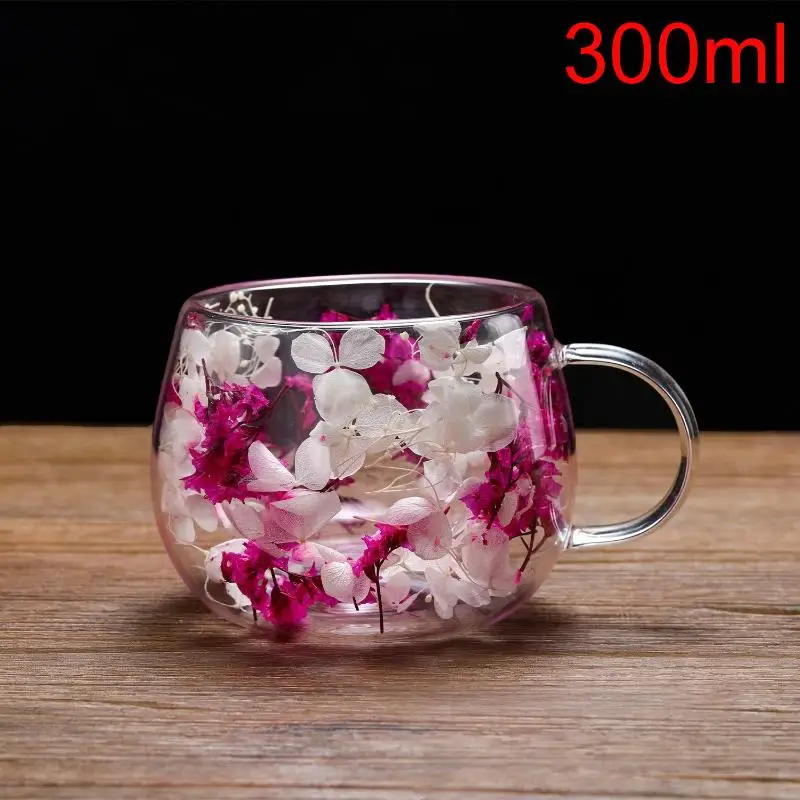 Elegant Double-Layer Glass Cup with Dried Flower Embellishment, Heat-Resistant