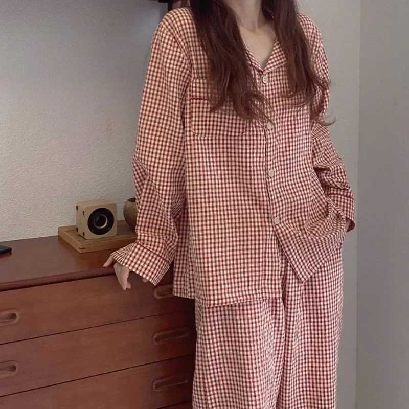 Women Pajamas Set Women Pajama Suit Korean Version Plaid Pajama Women Long Sleeve Sleepwear Spring Thin Loungewear Plus Size Red Nightwear Lapel Casual Homewear Set