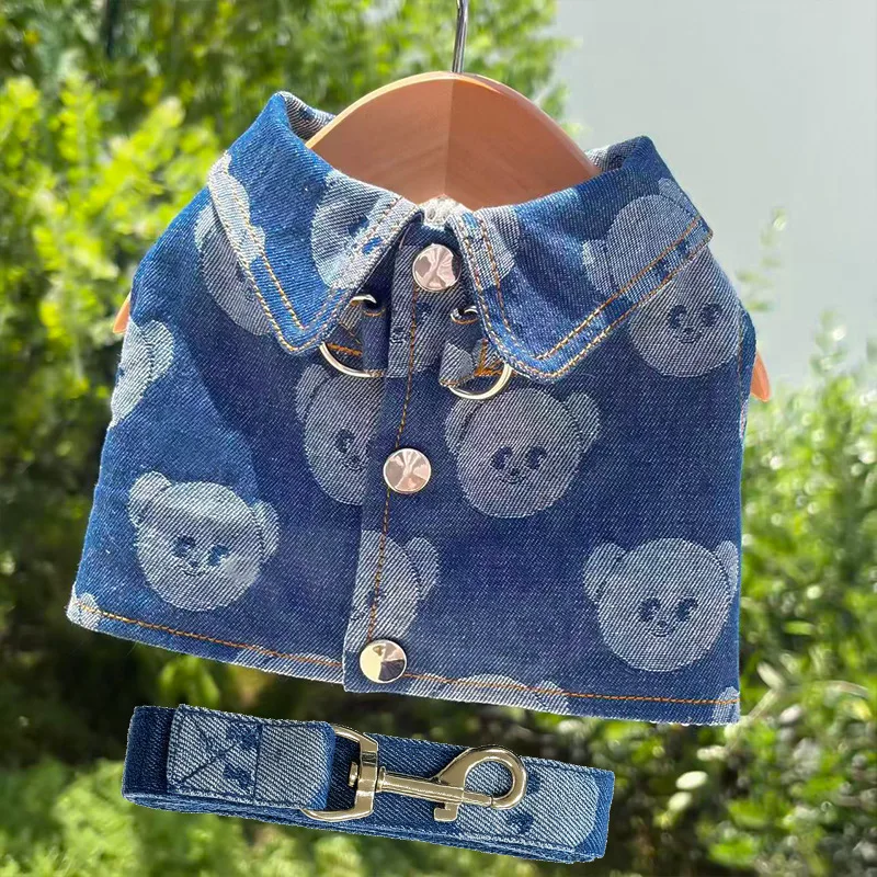 Denim Dog Harness And Collar Set With Leash, Cute Blue Puppy Vest_voghion.com