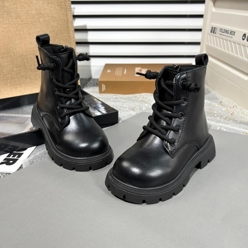 Leather Kids Platform Boots for Girls Black Beige Autumn School