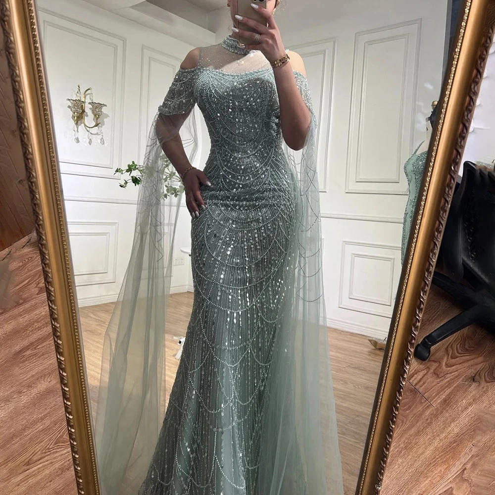 

Luxury Mermaid Evening Dresses Arabic Beaded Cape Sleeve Pearls Sequined Long Formal Wedding Party Prom Gowns Vestido De Gala