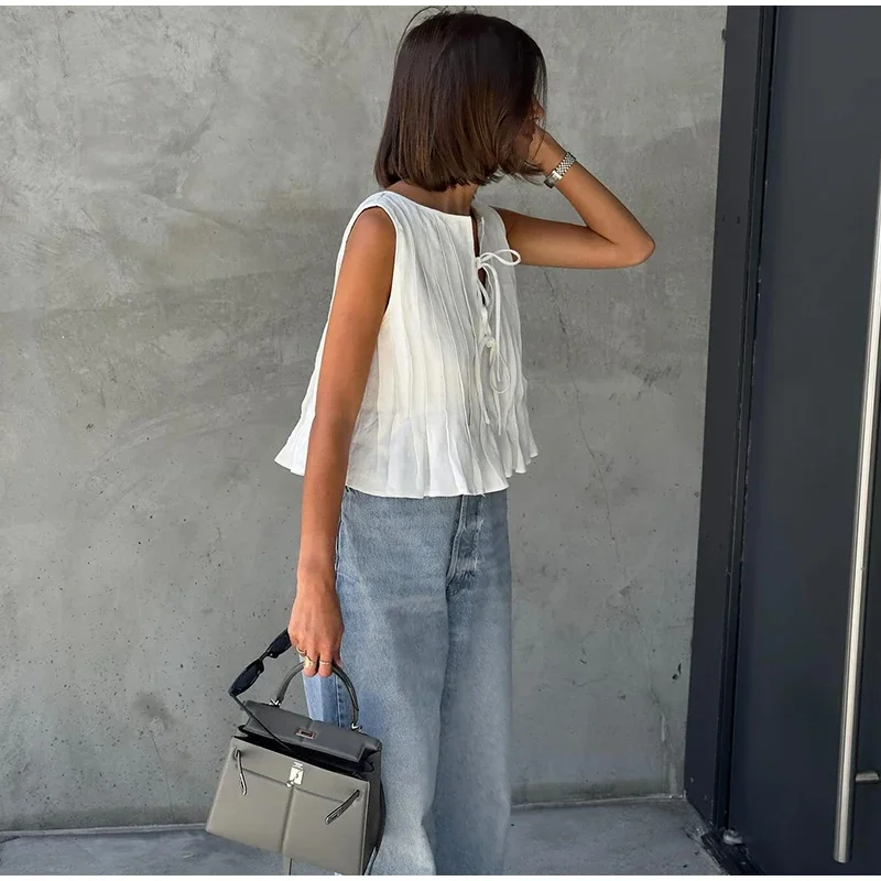 Elegant White Lace Up Tops For Women Pleated O-neck Sleeveless Ruffles Tank Summer New Chic Lady Party Vacation Vest