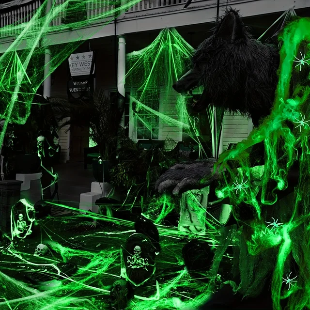 Glow-in-The-Dark Spider Webs and Fake Spiders – White Stretch Cobwebs for Spooky Halloween Indoor and Outdoor Horror Decoration Prop - Image 2