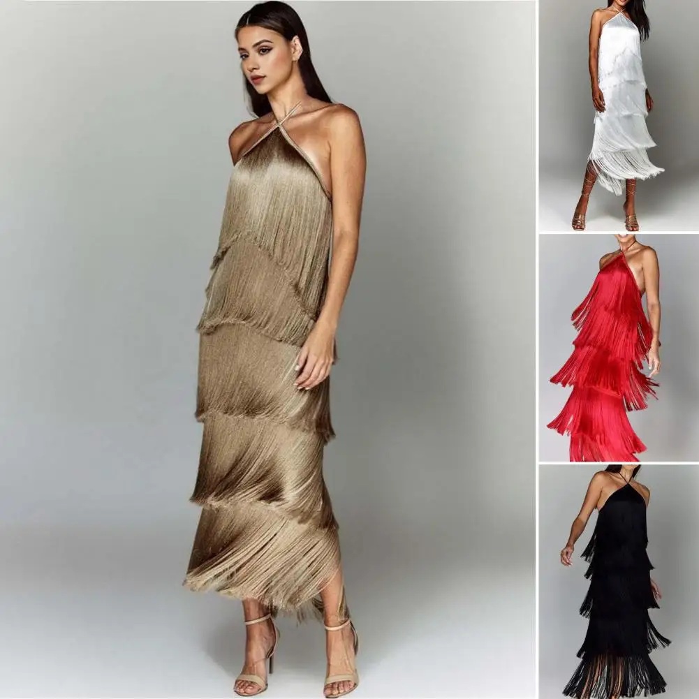 

Sexy Metallic Color Tassel Halter Long Dress Elegant Backless Lace Up Sleeveless Slim Dresses Fashion Female Evening Party Robes