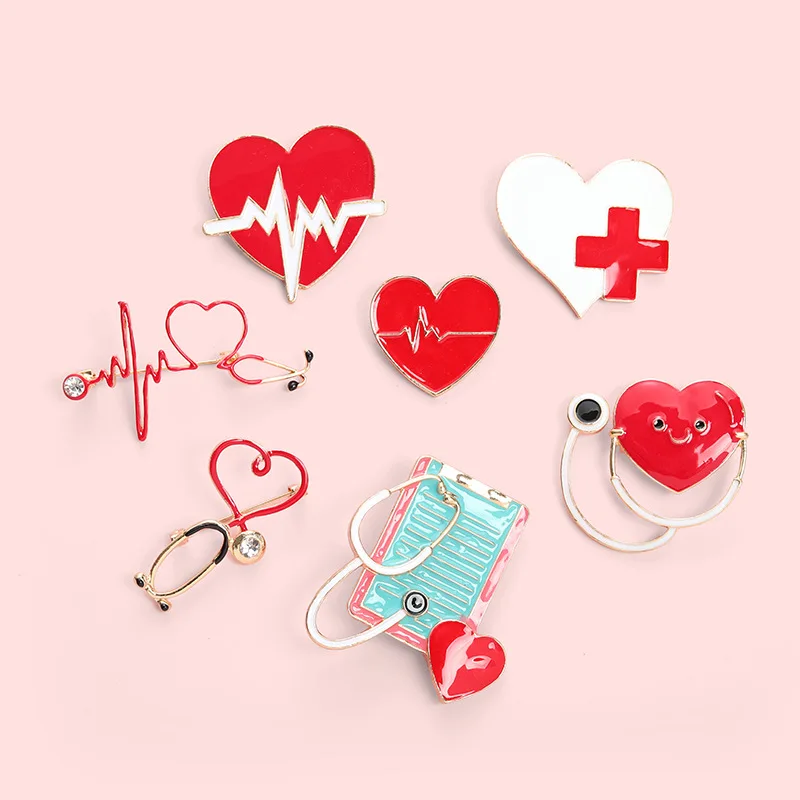 Qiaoren 7pcs Kawaii Cute Cartoon Hearing Device Heart Red Cross Brooch for Women 2023 New Clothing Accessories to Friends Gifts