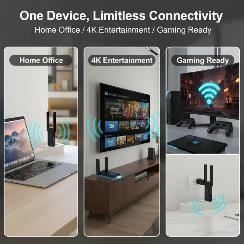 5G 듀얼 밴드 USB 3.0 무선 어댑터 플러그 앤 플레이 1300Mbps WiFi 수신기 (화상 통화 및 빠른 홈 인터넷용)