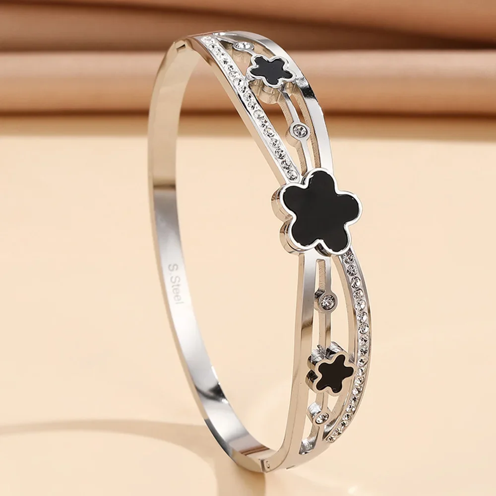 

316L Stainless Steel Zircon Hollow Flowers Bangle for Women Trendy New Gold Plated Texture Bracelets Bangles