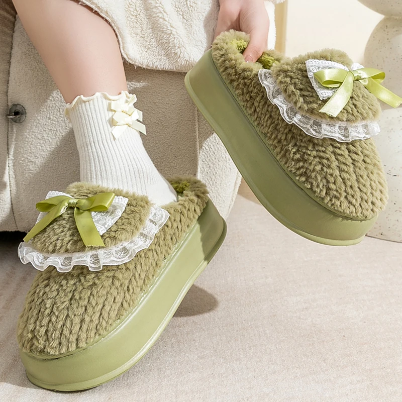 Sweet Bowknot Platform Cotton Slippers Women Indoor Thick Bottom Warm Fluffy Slides Woman Anti Slip Soft Sole Home Slippers
